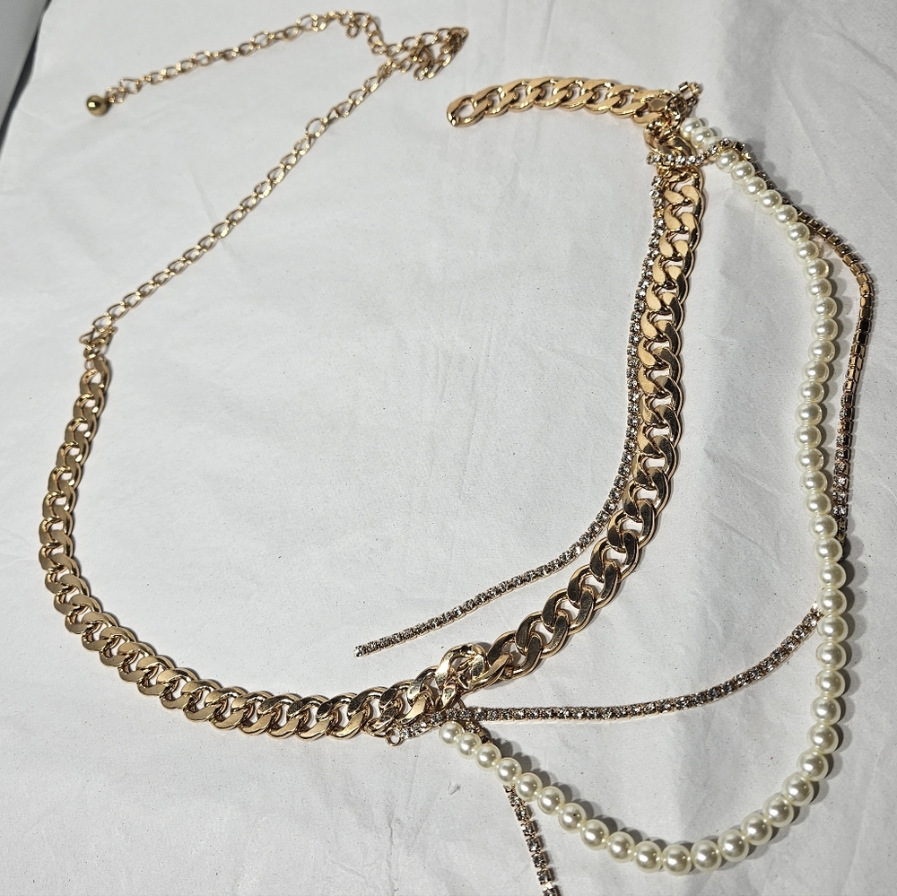 Multi-layer Gold Tone Metal Faux Pearl and Rhinestone Layered Ladies Belt